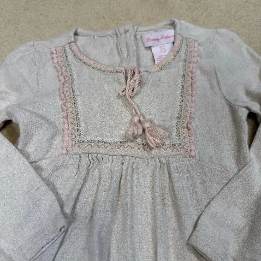 Tommy Bahama Toddler Boho Linen Blend Dress Tassel Neck Embroidered Hem Size 3T